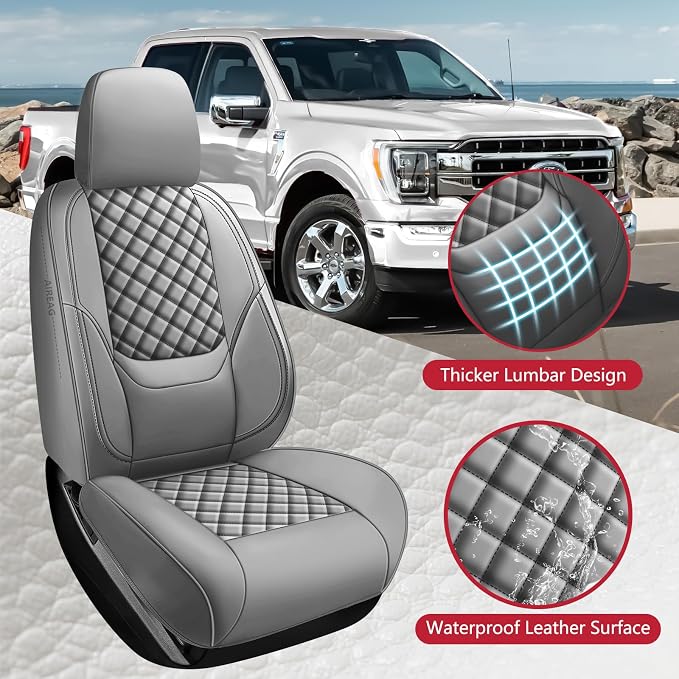 F150 Seat Covers 2015-2026 Front Pair, Truck Interior Sets with Lumbar Support Custom Fit for Ford F150 2015-2026, F250/F350/F450 2017-2026 Super Duty Crew Cab XLT XL Lariat Platinum, Gray