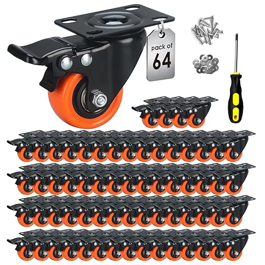 2" Caster Wheels Set of 64, Heavy Duty with Brake | No Noise, Locking, Polyurethane (PU) Wheels, Swivel Plate, Orange, Pack of 64