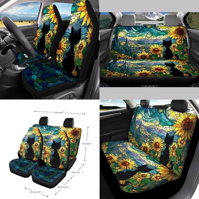 Black Cat Print Car Seat Covers Front and Back Full Set Sunflower Print High Back Bucket Seat Covers with Steering Wheel Cover Rearview Mirror Cover Safety Belt Pads Trash Can