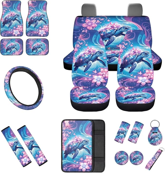 18 Pcs Pink Turtle Car Interior Accessories for Women, Car Seat Covers Full Set with Steering Wheel Cover Floor Mats Seat Belt Pads Armrest Pad Roof Handle Wraps Cup Coasters Keychains