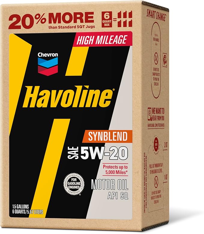 Havoline Motor Oil 5w20 High Mileage Synthetic Technology Smart Change Engine Oil, 5W-20, 6 Quarts, Pack of 1