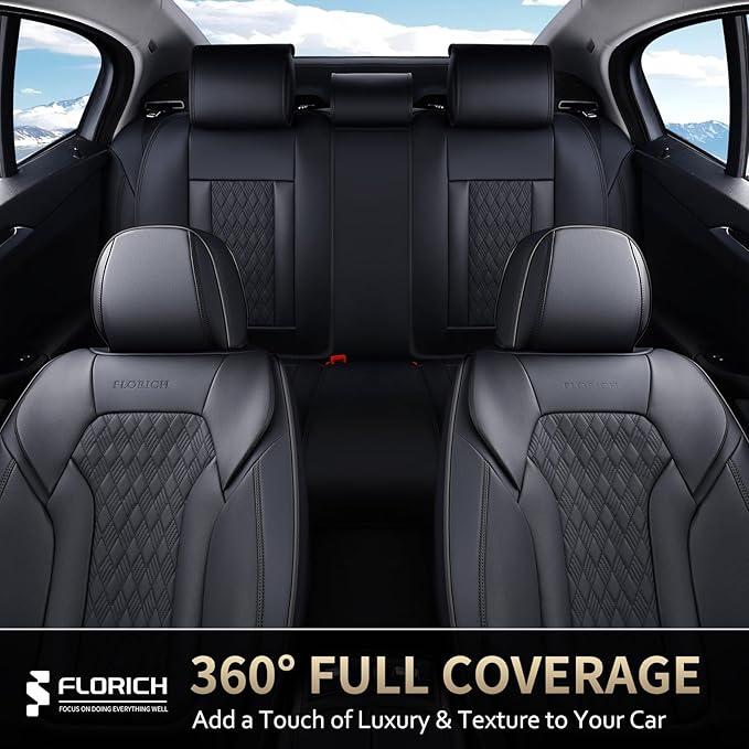 FLORICH Seat Covers, Car Seat Covers Full Set, Luxury Nappa Leather Seat Covers, Breathable and Waterproof Car Seat Protector 5 Seat, Automotive Seat Covers Universal Fit for Most Cars-Black&Beige