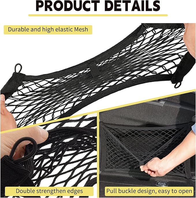 [4 Pack] Cargo Storage Net, 23.6x9.8'', DEDC Cargo Net Pocket, Universal Accessories Elastic Automotive Large Cargo Net Storage Mesh Pocket with 16 Mounting Screws, Hooks for Truck Car SUV Boats