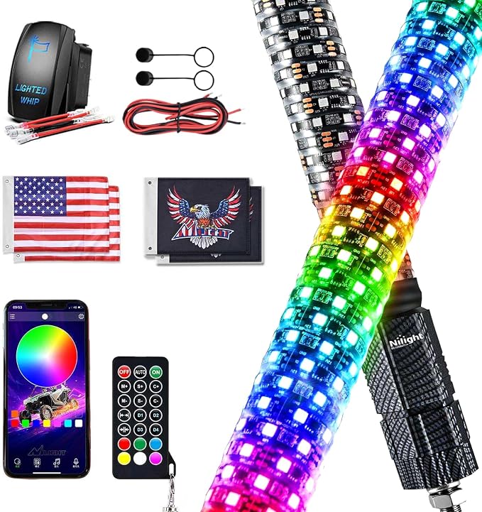 Nilight LED Fat Whip Light 2PCS 3FT RGB Lighted Antenna Whips with Remote & App Control DIY Chasing Patterns Brake Reverse Turn Lights for ATV UTV Polaris RZR Can-am Dune Buggy Pickup Trucks Jeep