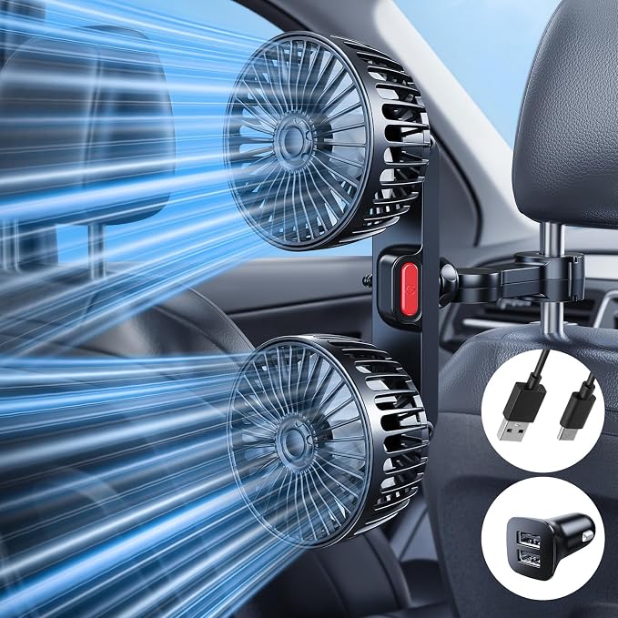 Dual-Head Rear Seat Car Fan, Powerful Airflow, 360° Rotation, Blows Both Left & Right, Adjustable Angle, Perfect for Pets, Front & Back Seats, USB & 12V/24V Powered