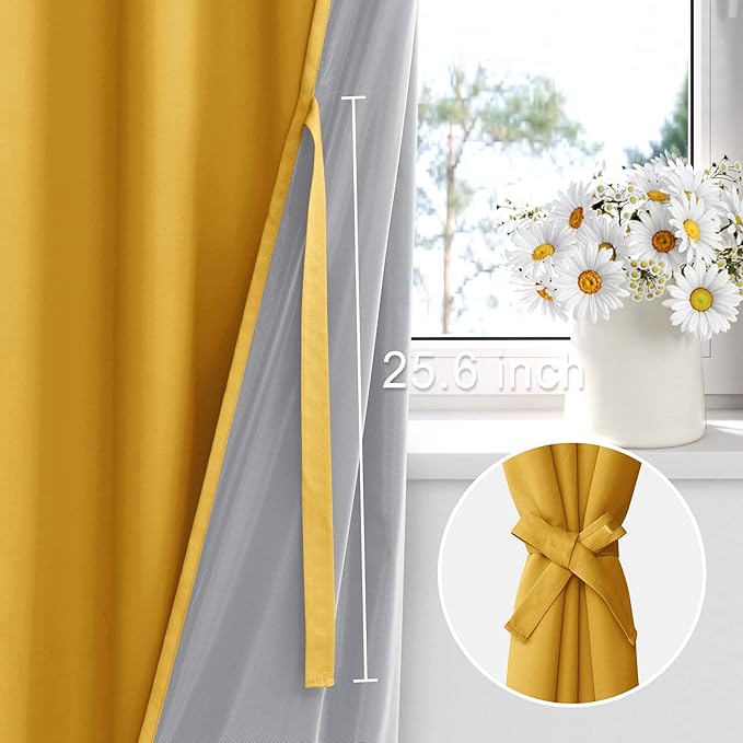 XWZO 100% Blackout Window Curtains - Thermal Insulated & Noise Reduction Black Liner Ring Top Window Treatment Sewn with Tiebacks for Bedroom/Living Room, Yellow, W38 x L54, Set of 2
