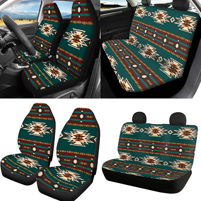Aztec Seat Covers Full Set with Western Steering Wheel Cover, Shoulder Pads, Tribal Seat Covers Car Accessories Universal Fit for Most Cars, Green and Brown