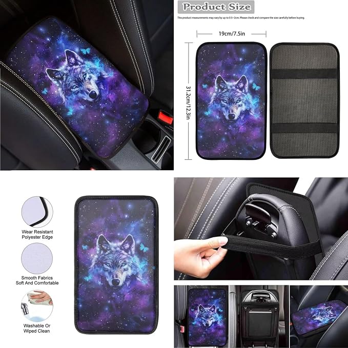Galaxy Wolf Butterfly Car Interior Accessories Set for Women, 8 Pcs Car Seat Cover Full Set with Car Steering Wheel Cover Auto Center Console Pad Seat Belt Covers
