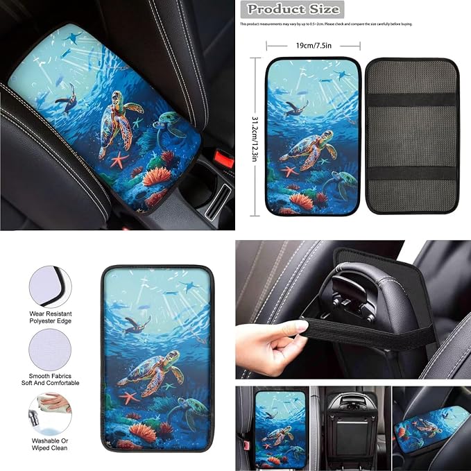 Sea Turtle Prints Car Interior Accessories Set of 8, Car Seat Covers Full Set with Steering Wheel Cover Center Console Pad Seat Belt Covers, Auto Decorations for Women