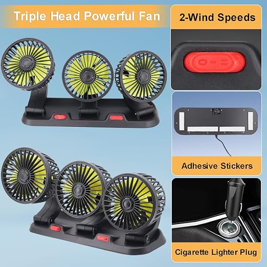 Triple-Head Fan for Car, Portable Car Fans for Vehicles Cars RV Vent with 360°Rotation Cigarette Lighter Plug
