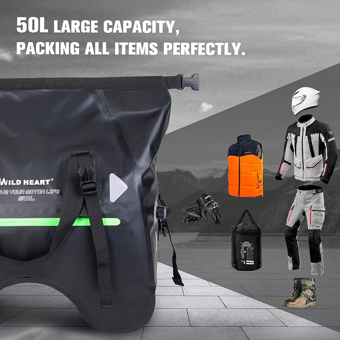 WILD HEART Dry Motorcycle Tail bag 70L/50L With Rope Straps and Inner Pocket Waterproof PVC 500D for Travel,Motorcycle and so on