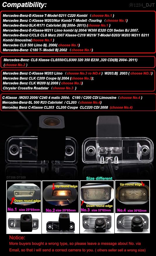 HD 170° Reversing Vehicle Plate Light License Rear View Backup Camera Compatible with Mercedes Benz S211 C220/T-Modell -Touring/R171 Cabriolet/W300 E320 CDI Sedan/C219 W219/S203/W203 W211/CLS 500/C180