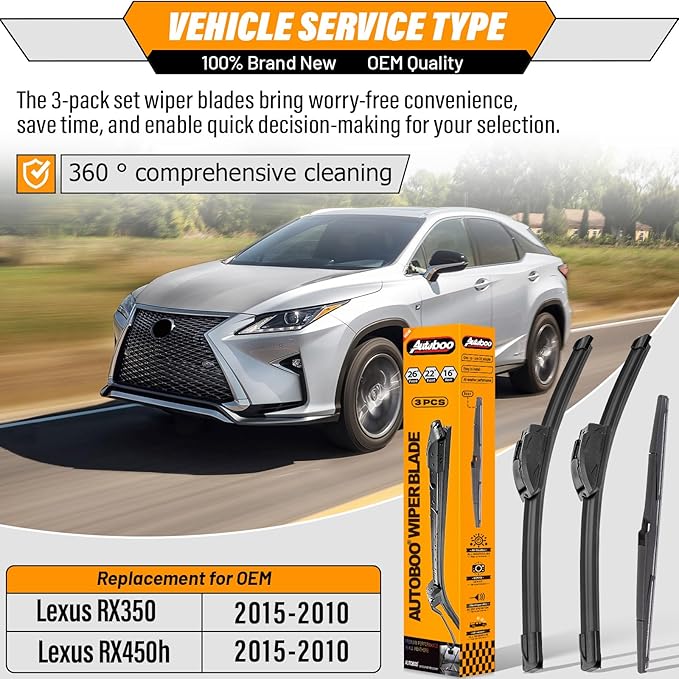 AUTOBOO 26"+22" Windshield Wipers with 16" Rear Wiper Blade Replacement for 2010 2011 2012 2013 2014 2015 Lexus RX450h RX350-Original Factory Quality (Pack of 3)