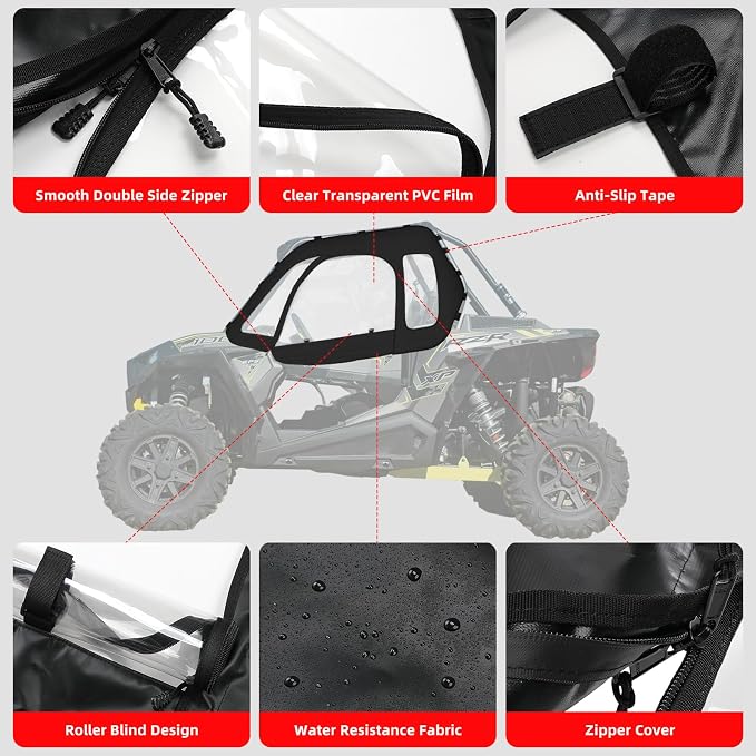 RZR Soft Upper Door YKK Zipper Compatible with Polaris RZR XP 1000 / XP Turbo 2014-2023 2-Seater Models, UTV Cab Enclosures Side Windows, Work with Side Mirror Windshield Roof