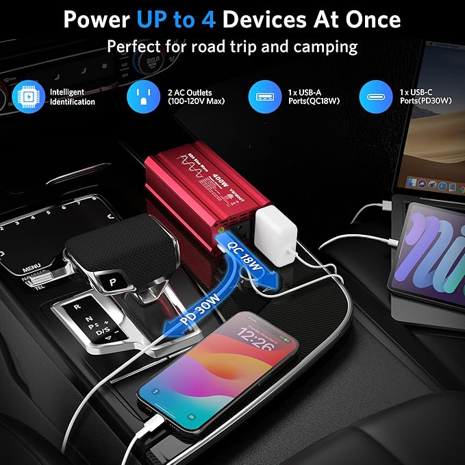 【2026 Upgraded】 400W Peak Clipped Sine Wave Car Power Inverter DC 12V to AC(2 Outlets) 110V Car Charger Plug Adapter Power Converter with PD3.0 & QC18W Dual USB Charging Ports (Red) (Red)