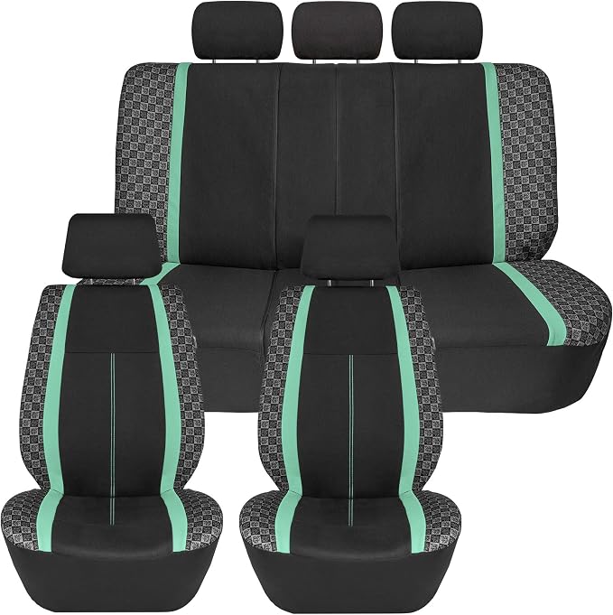 We Are Young Life is Fun™ Checker Car Seat Covers Universal Fit Interior Accessories Full Set Mint Seat Cover Combo Steering Wheel Cover and Seat Belt Pads, Airbag and Split Rear Car Seat Covers