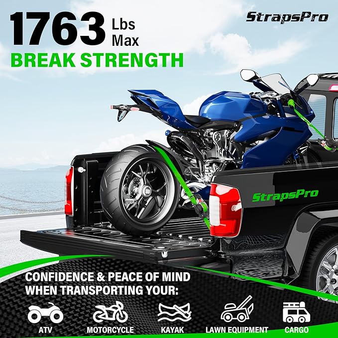 Retractable Ratchet Straps, 1763lb Break Strength Green Self Retracting Ratchet Straps Heavy Duty with Soft Loops, 1'' x 10FT Auto Tie Down Straps Easy Retract for Motorcycle, Truck, Cargo, 4 Pack