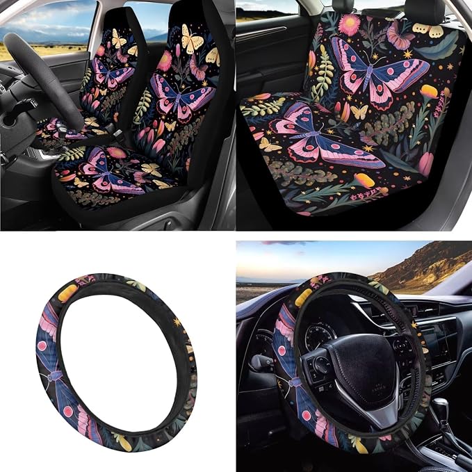 INSTANTARTS Butterfly Flower Car Seat Cover Set - 13 Piece Washable Protective Set Includes Seat Belt, Steering Wheel, Coaster and Key Chain Covers - Suitable for Most Cars