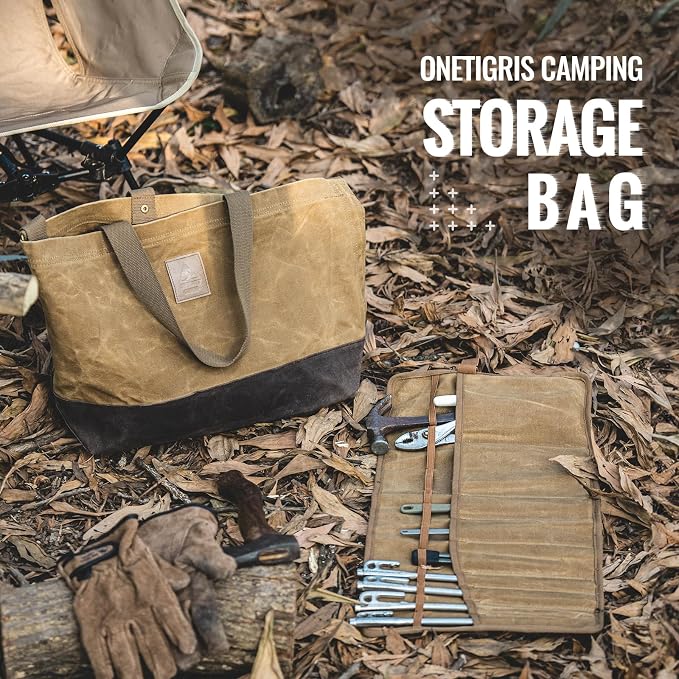 OneTigris Waxed Canvas Tool Tote Bag with Removable Tool Roll Bag, 36L Large Capacity Storage Tote Bag - Heavy Duty Canvas Bag and Tactical Camping Storage for Gardening,Camping Gear Firewood