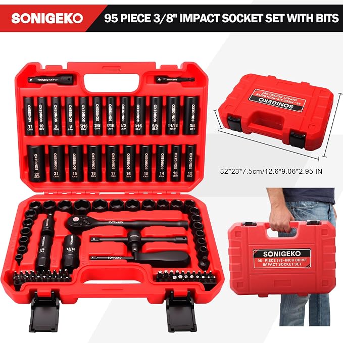 95-Piece 3/8" Drive Impact Socket Set, 6-Point Deep & Standard SAE/Metric CR-V Sockets with Ratchet Handle & Security Bits