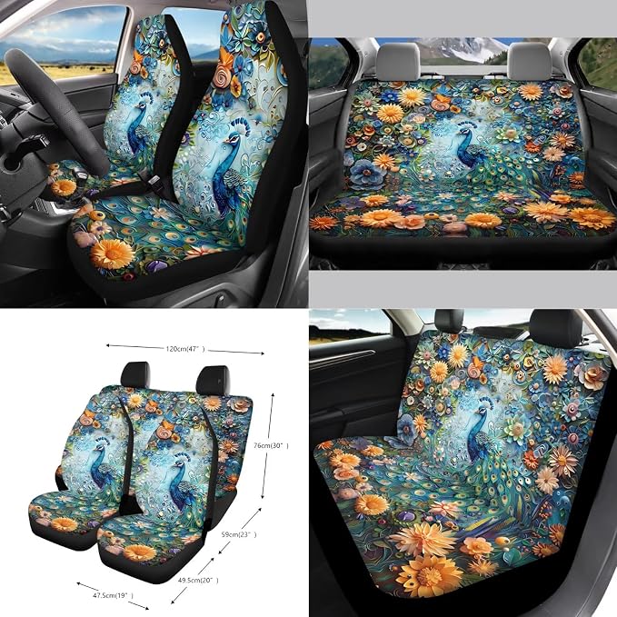 Peacock Flower Print 15Pcs Car Interior Cover Set Includes Car Seat Covers Front and Back Full Set Steering Wheel Cover Safety Belt Pads Rear View Mirror Protector Cup Mats, Blue