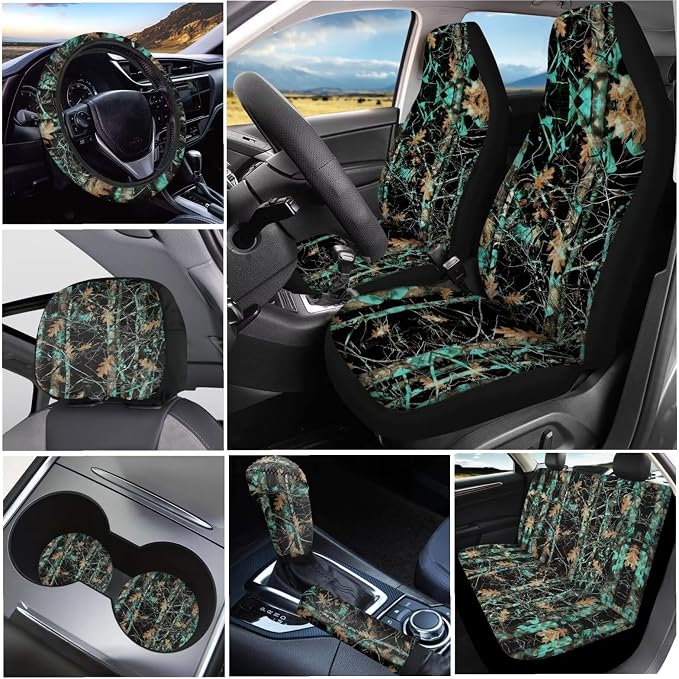 KEIAHUAN 11 Pcs Universal Car Seat Covers Camo Hunting Design with Steering Wheel Cover, Gear Shift Handbrake Cover, Cup Holder, and Headrest Cover Fit Most Van Sedan Truck SUV, Green