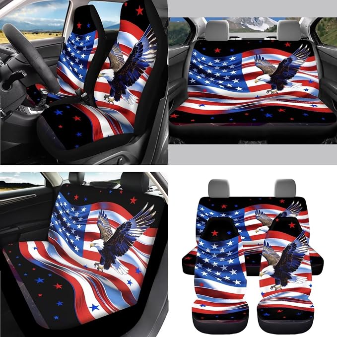 AFPANQZ Car Seat Covers Full Set 11 Pcs with Seat Belt Shoulder Pads, Cup Holder, Steering Wheel Cover, Gear Shift Knob Cover, Handbrake Protector with USA Flag Eagle Print