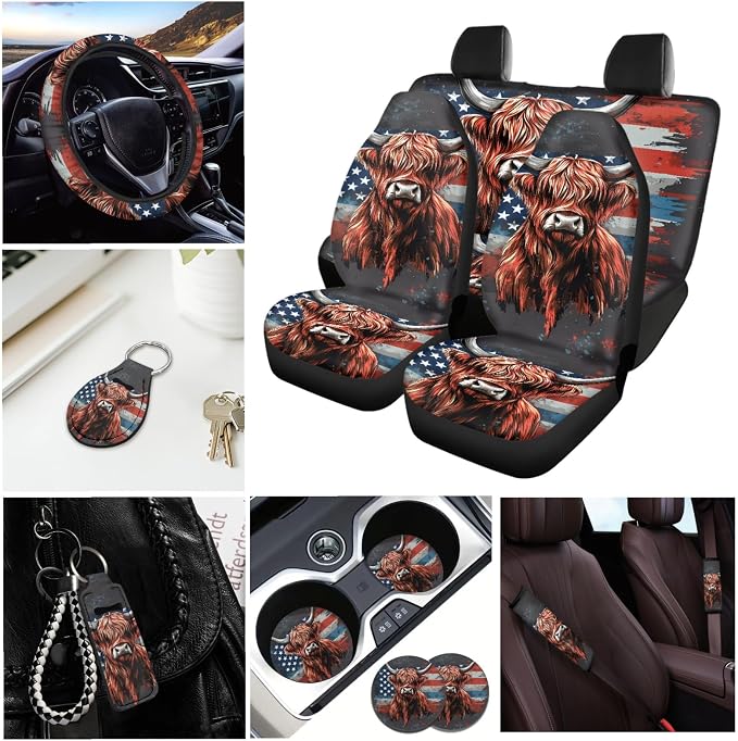 INSTANTARTS American Flag Highland Cow Car Accessories Full Set of 13 Front Rear Seat Covers with Keychain Lipstick Holder Coasters Steering Wheel Cover Seat Belt Cover