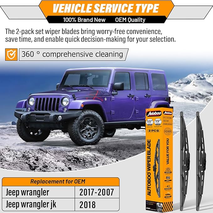AUTOBOO 15"+15" Wiper Blades Replacement for Jeep Wrangler Front Windshield wipers 2007-2017- Original Factory Quality (Pack of 2)