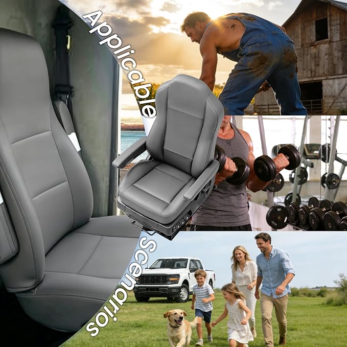 Heavy Duty Seat Covers for Kenworth T680 T880 W990 2015-2025, Custom Fit Front Truck Seat Cover with 17" Armrest, PU Leather with Non-Slip - Gray