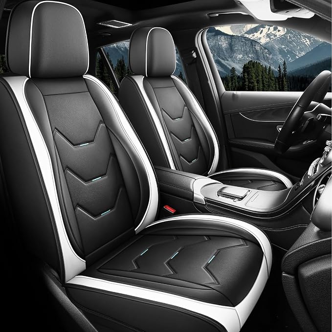 otoez Car Seat Covers Full Set, Universal Leather Seat Cover for Car, Waterproof 5 Seat Automotive Front and Back Seat Protector Full Coverage for Most Sedens Trucks SUVs, White & Black