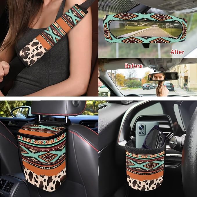 XYZCANDO Tribal Auto Interior Sets 15 PCS Car Seat Cover Set Steering Wheel Cover Seat Car Rear View Mirror Cover Belt Pads Cover Garbage Bag Storage Box Coasters Keychain for Sedans Van SUV