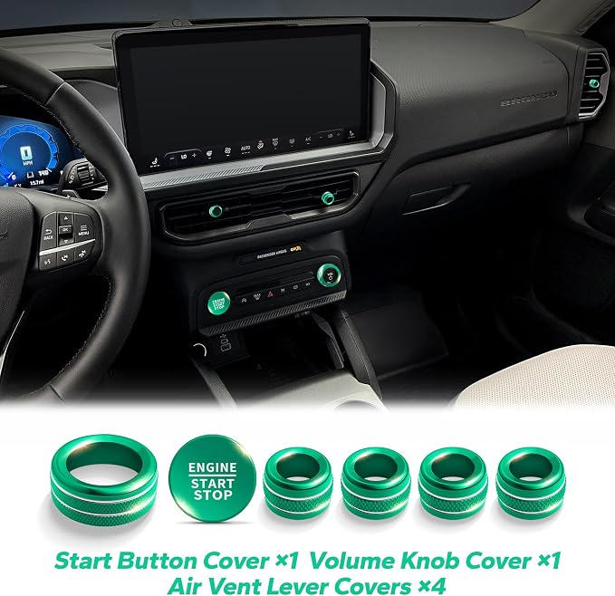 for 2025-2026 Ford Bronco Sport Accessories (Not for Bronco) 9PCS Aluminum Alloy Knob Cover Trim Set for Push Start, Volume, Air Vent Tabs, Headlight & Gear Shift Knob (Green)