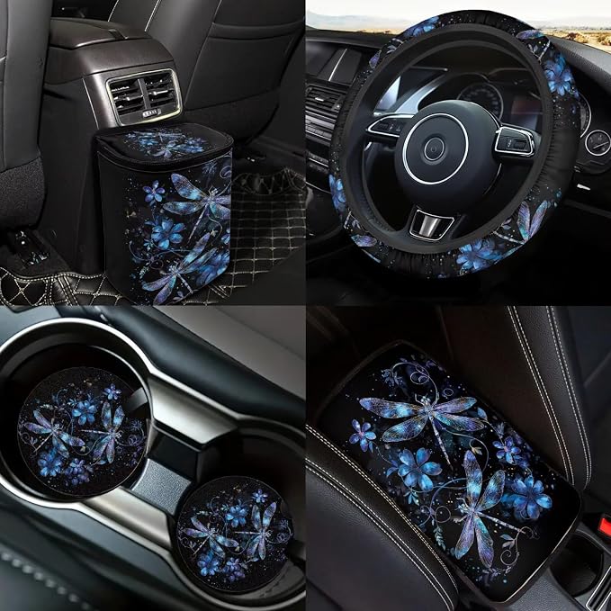 Dragonfly Car Seat Covers Full Set of 18 Pcs Blue Dragonfly Car Accessories Full Set with Steering Wheel Car Covers Cars Headrest Covers Auto Trash Bag Armrest Box Pad,Easy to Install
