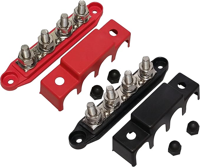 (Red & Black) 3/8" 4 Stud Bus BAR Power Distribution Block - Made in The USA - for Marine Battery Terminals, 12v Power and Ground Distribution Blocks - Terminal Block for Battery Terminals - BusBar