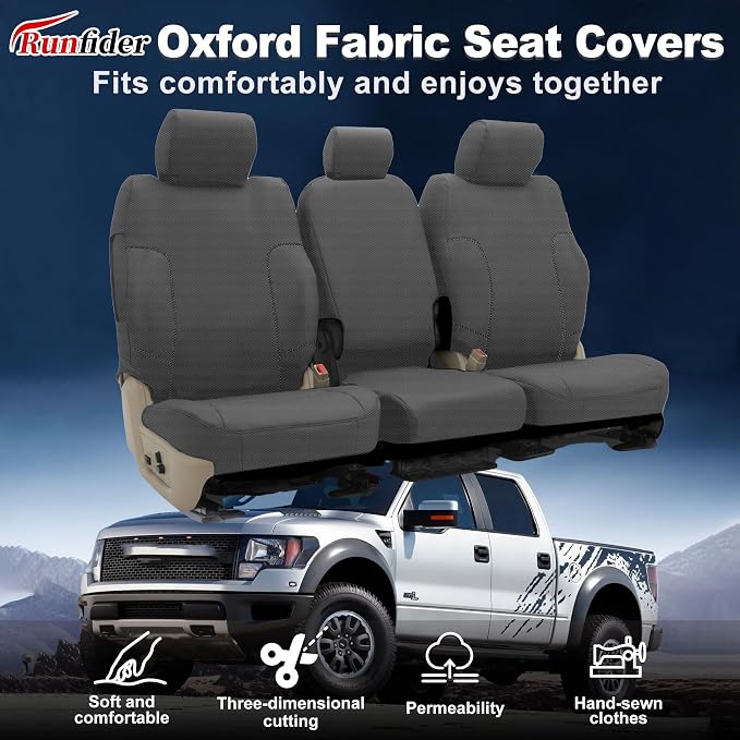 Custom Split Bench Seat Covers for Ford F150 XLT/Lariat 2014 F250 F350 F450 F550 XLT/Lariat 2015-2021 Heavy Duty Cloth Protector Interior Accessories，Waterproof & Machine Washable - Gray