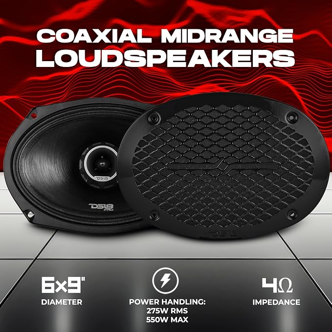 DS18 PRO-ZT Pro Audio Coaxial Midrange Speakers with Built-in Bullet Tweeter, 4-Ohms, Water Resistant - Black Metal Mesh Grill Included (1 Speaker) (6x9 inches)