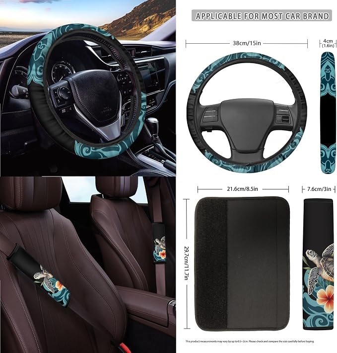 Turtle Frangipani Wave Print 15 Pack Car Accessories Set with Car Seat Covers Seatbelt Strap Pad Air Vent Storage Bag Steering Wheel Cover Rearview Mirror Cover Cup Holder Keychain