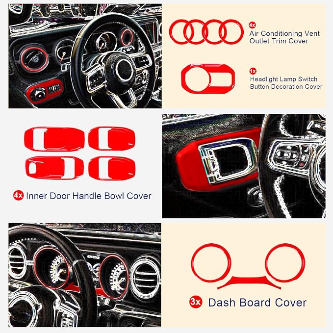 21PCS Full Set Interior Decoration Trim Kit Compatible with Jeep Wrangler JL JLU & Gladiator JT 2018-2021,Steering Wheel,Reading Light,Air Conditioning Vent,Headlight Switch,Speaker Covers(Red)
