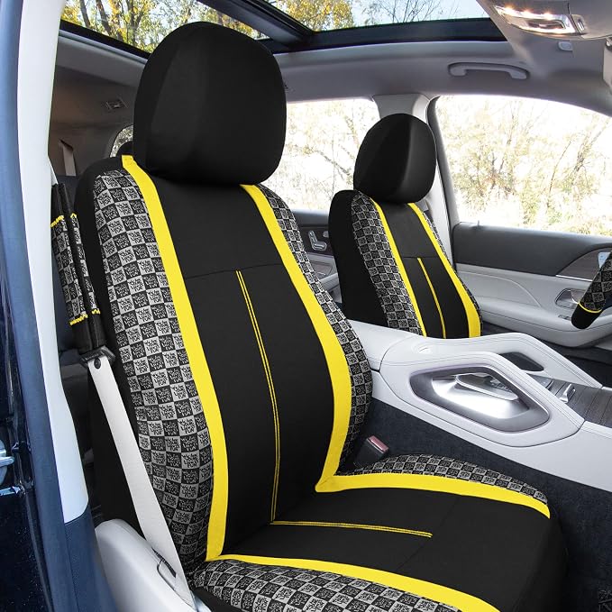 We Are Young Life is Fun™ Checker Car Seat Covers Universal Fit Interior Accessories Full Set Yellow Seat Cover Combo Steering Wheel Cover and Seat Belt Pads, Airbag and Split Rear Car Seat Covers