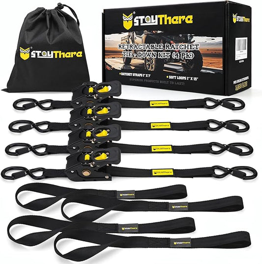 Stay There Retractable Ratchet Straps (4-Pack) - 1 Inch x 7 Feet (1100lb Break Strength) - Heavy Duty Auto Self Retracting Tie Down Straps for Truck, Cargo Trailer, Motorcycle & More - Black