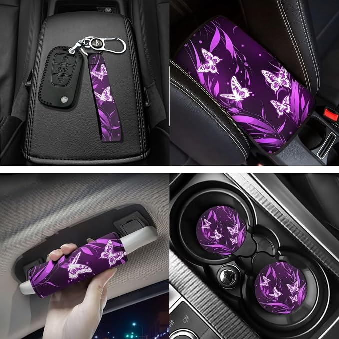 Purple Butterfly Car Seat Covers Full Set Auto Steering Wheel Cover Floor Mats Seat Belt Pads Armrest Pad Covers Roof Handle Wraps Cup Coasters Keychains Car Accessories Set of 18