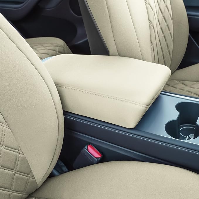 FH Group Custom Fit Car Seat Covers Specifically Made for 2020-2025 Tesla Model Y Ultraflex Neoprene Water Resistant Automotive Seat Covers - Full Set Solid Beige