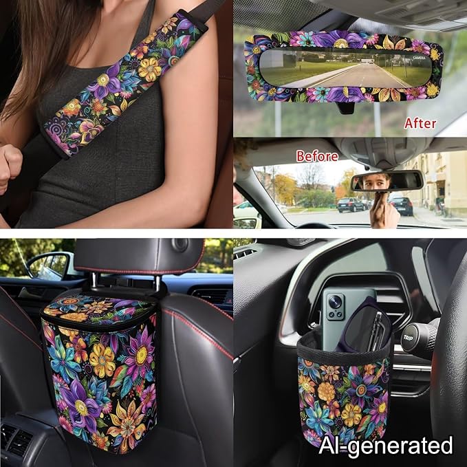 Dreaweet Boho Floral Car Seat Covers Full Set for Women Flower Car Accessories Set 15 Pcs Car Steering Wheel Cover Seat Belt Pad Trash Bag Vent Storage Bag Rearview Mirror Cover Car Coasters Keychain