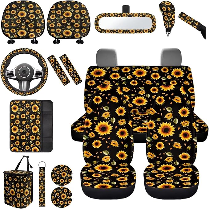 Sunflowers Car Seat Covers Full Set 17 Pack,Sunflower Car Aaccessories for Women Automotive Seat Head Rest Protector for Auto Front Seat Rest Decoration Soft Seat Belt Shoulder Pad