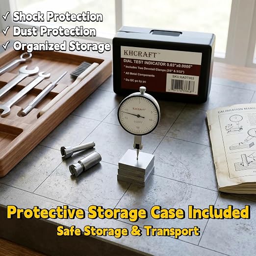 Professional Dial Test Indicator 0-0.03” Range, 0.0005” Graduation – Hardened Steel All-Metal Body with Dual Dovetail Mount (3/8” & 5/32”), Machinist Gauge in Storage Case