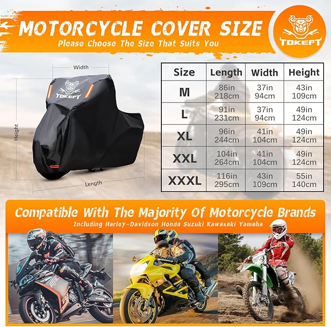 Motorcycle Cover, All Season Waterproof Outdoor Protection with Lock-Holes, Night Reflective & Storage Bag, Fits up to 104" Cruisers, Touring, Dirt Bikes (Black)
