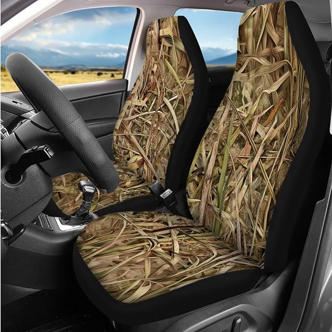 Bulopur Deer Hunting Camouflage Auto Seat Covers Full Set with Matching Steering Wheel Cover Center Console Cushion Auto Seat Belt Covers Coasters 14 PCS Car Interior Decor Set