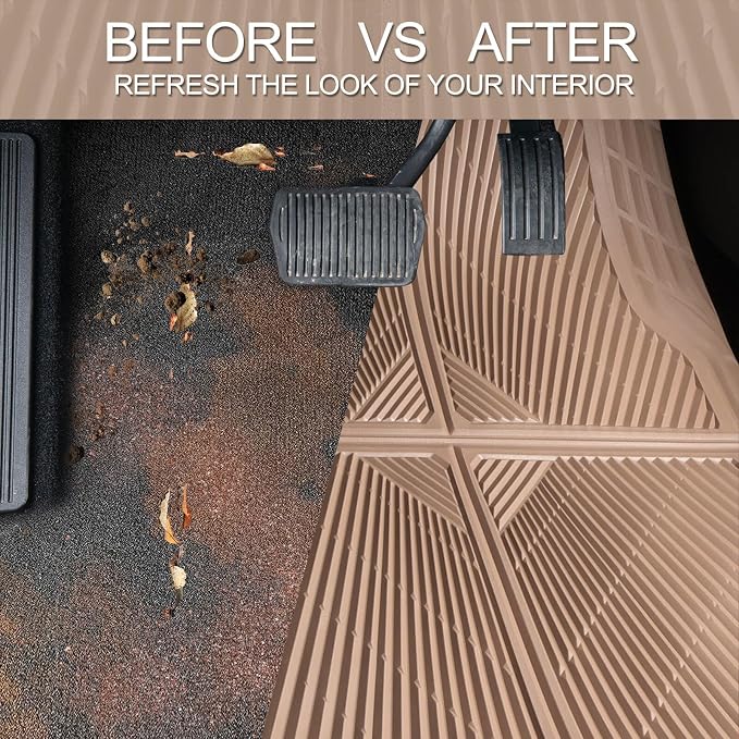 CAR PASS Beige Rubber Floor Mats&Cargo Liner,Waterproof Truck Mats Heavy Duty,All Weather Trim-to-Fit Automotive Mat for Car Truck SUV,Anti-Slip Easy Clean Durable,Full Set 5-Piece,3D Emboss All Beige