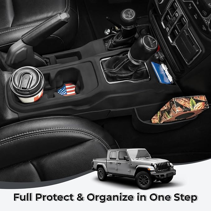 Center Console Organizer with Cup Holder Insert for 2018-2023 Jeep Wrangler JL Gladiator JT 2020-2025, Non-Slip Silicone Center Console Tray